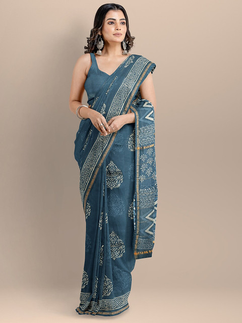 

BharatSthali Blue Batik Silk Cotton Chanderi Saree