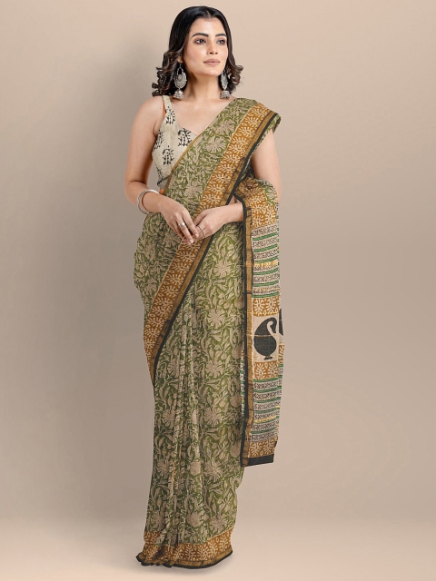 

BharatSthali Green & Brown Ethnic Motifs Silk Cotton Chanderi Saree