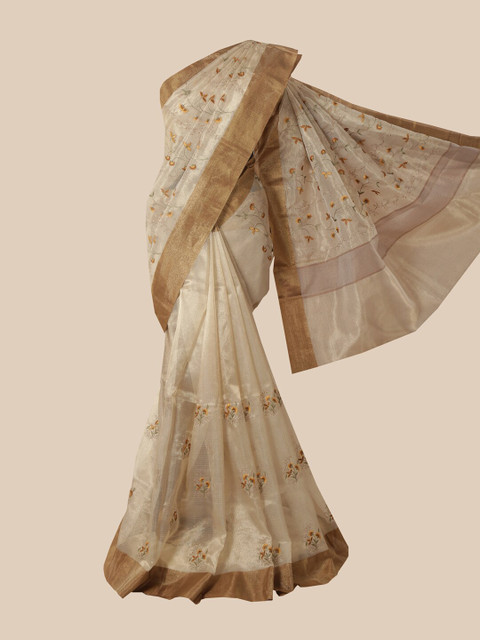 

Pothys Cream Floral Embroidered Tissue Saree