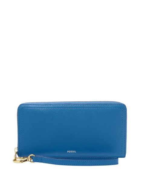 

Fossil Women Blue Solid Leather Zip Around Wallet with Wrist Loop