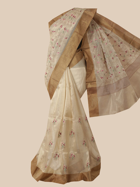 

Pothys Cream & Pink Floral Tissue Saree