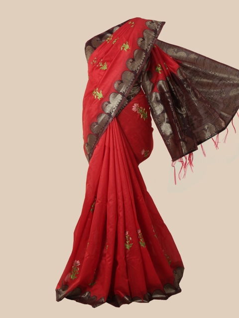 

Pothys Red & Brown Ethnic Motifs Zari Jute Cotton Saree