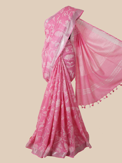 

Pothys Pink & White Floral Zari Jute Cotton Saree
