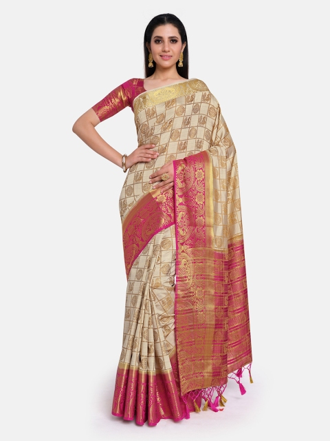 

MIMOSA Beige & Pink Ethnic Motifs Zari Art Silk Kanjeevaram Saree With Tasseled Pallu