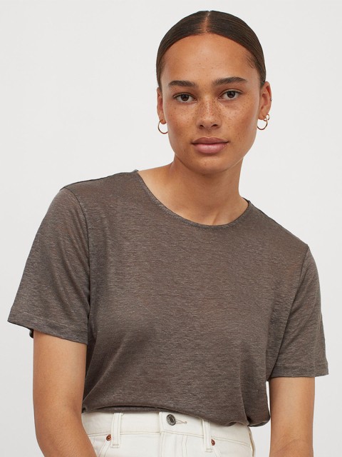 

H&M Women Beige Pure Linen Jersey T-shirt