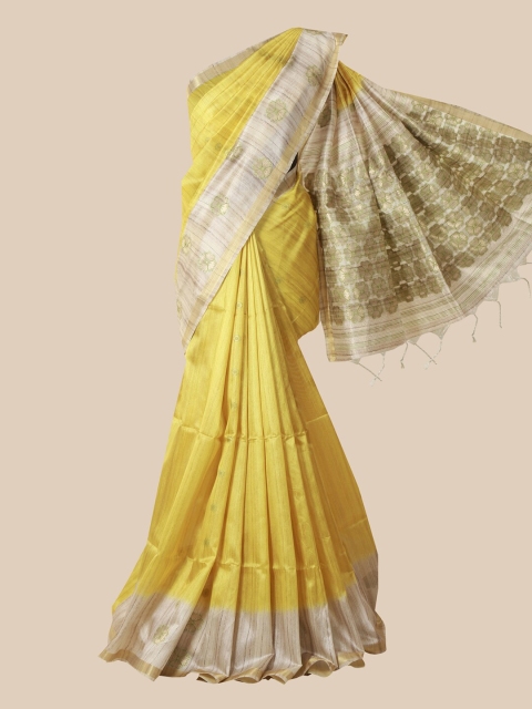 

Pothys Yellow & Silver-Toned Floral Jute Silk Saree