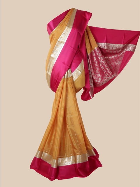 

Pothys Mustard Yellow & Pink Checked Zari Pure Silk Mysore Silk Saree