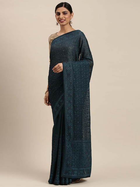 

Soch Blue Floral Embroidered Pure Chiffon Heavy Work Saree
