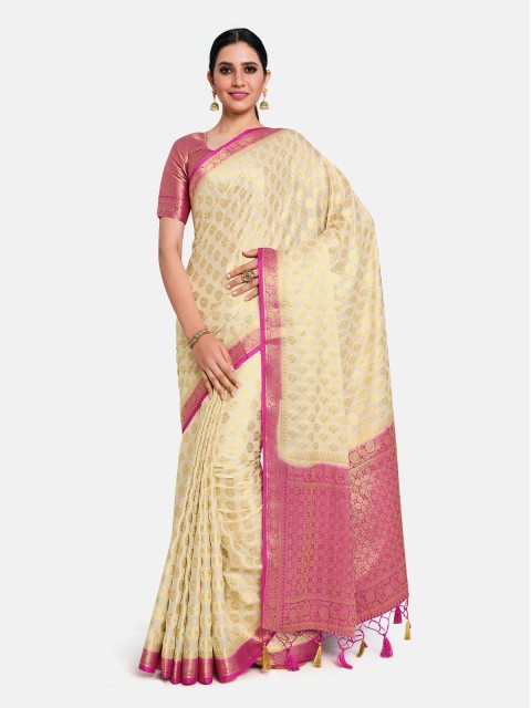 

MIMOSA Off White & Pink Woven Design Zari Mysore Silk Saree