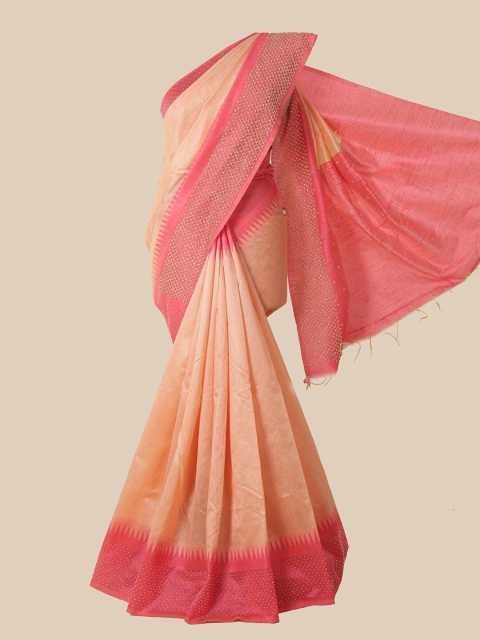 

Pothys Peach & Coral Embellished Beads and Stones Jute Silk Saree