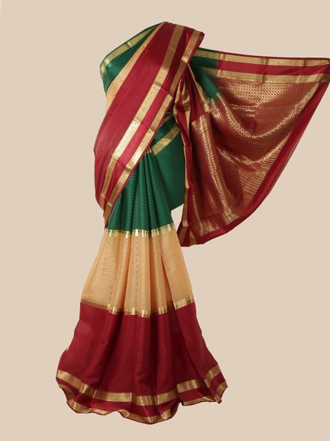 

Pothys Green & Beige Colourblocked Zari Pure Silk Mysore Silk Saree