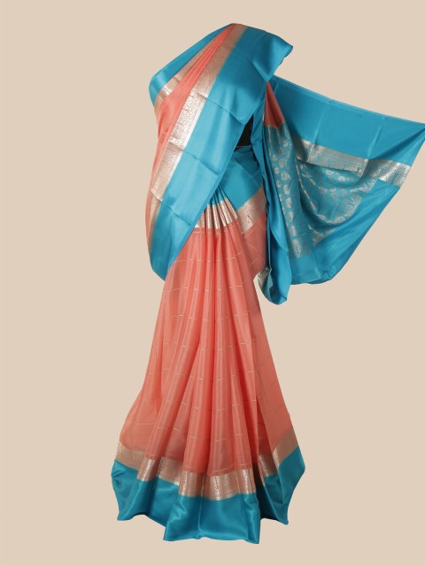 

Pothys Peach & Blue Checked Zari Pure Silk Mysore Silk Saree