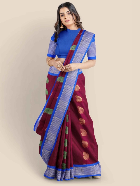 

KLM Fashion Mall Maroon & Blue Ethnic Motifs Zari Saree