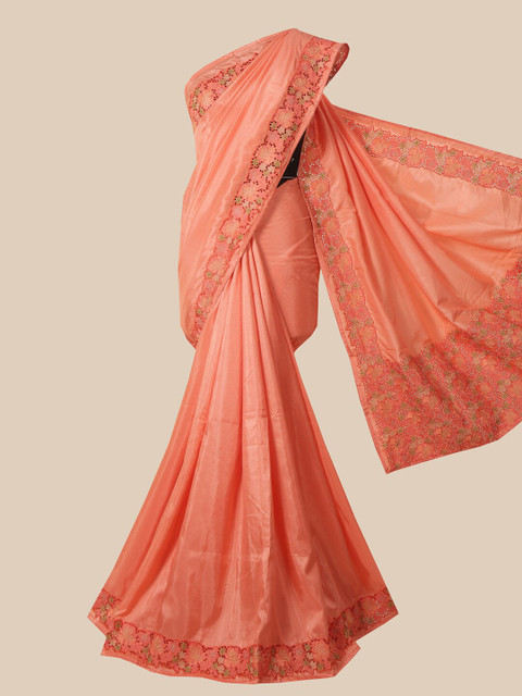 

Pothys Peach & Green Embroidered Jute Silk Saree