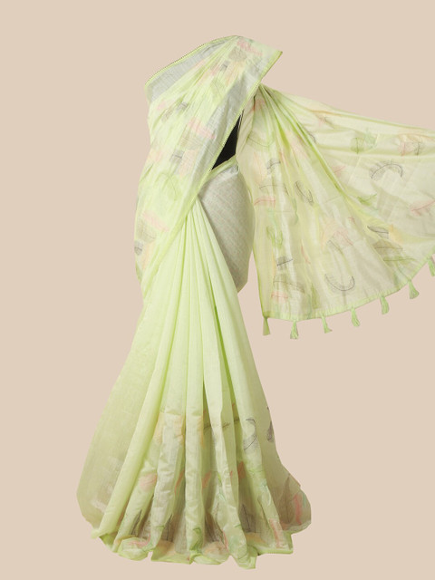 

Pothys Green & Pink Embellished Jute Silk Saree