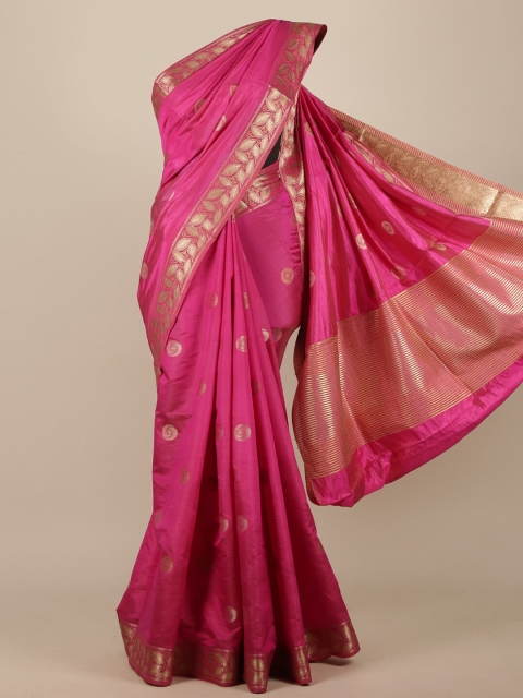

Pothys Magenta & Gold-Toned Floral Jute Silk Ikat Saree