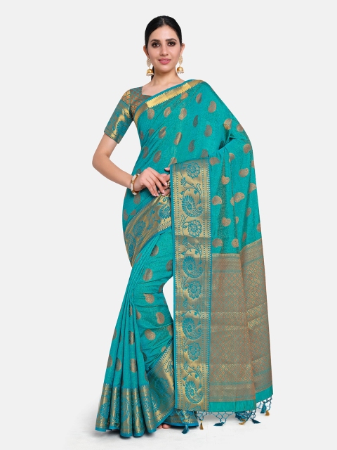 

MIMOSA Turquoise Blue & Gold Paisley Zari Art Silk Kanjeevaram Saree With Tasseled Pallu
