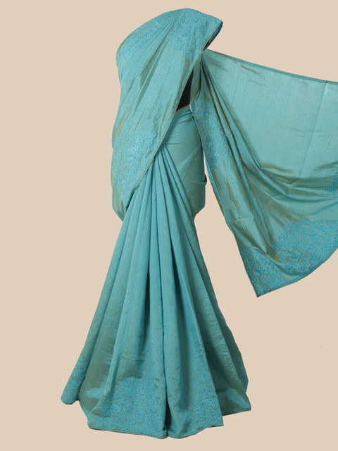

Pothys Turquoise Blue Embellished Beads and Stones Jute Silk Saree