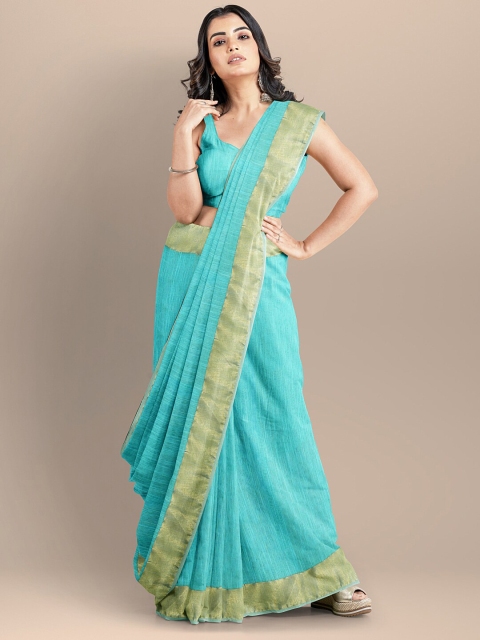 

BharatSthali Blue & Gold-Toned Zari Silk Cotton Handloom Mangalagiri Saree