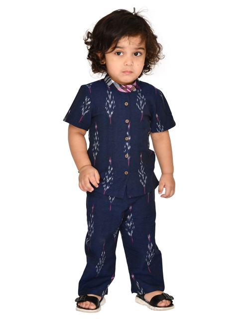 

Tiny Bunnies Boys Navy Blue & Pink Printed Shirt with Pyjamas