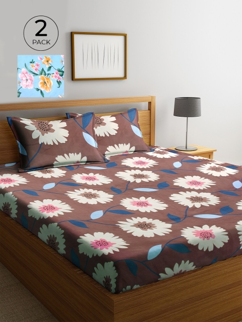 

KLOTTHE Brown & Blue Floral 210 TC 2 King Bedsheet with 4 Pillow Covers