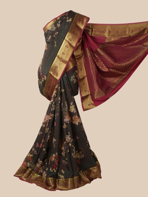 

Pothys Grey & Green Floral Zari Pure Silk Mysore Silk Saree