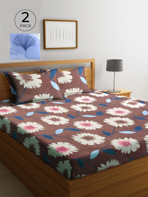 

KLOTTHE Blue & Brown Floral 210 TC 2 King Bedsheet with 4 Pillow Covers