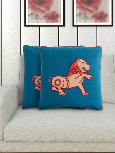

Home Centre Blue & Red Set of 2 Embroidered Square Cushion Covers