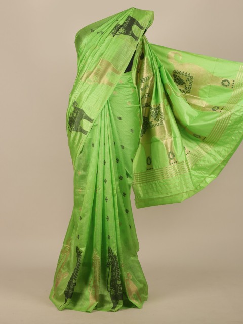 

Pothys Green & Gold-Toned Woven Design Jute Silk Saree