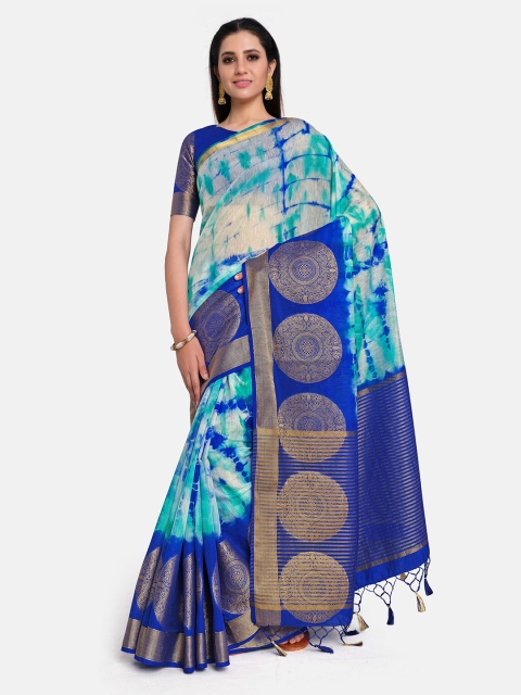 

MIMOSA White & Blue Tie and Dye Zari Linen Blend Banarasi Saree