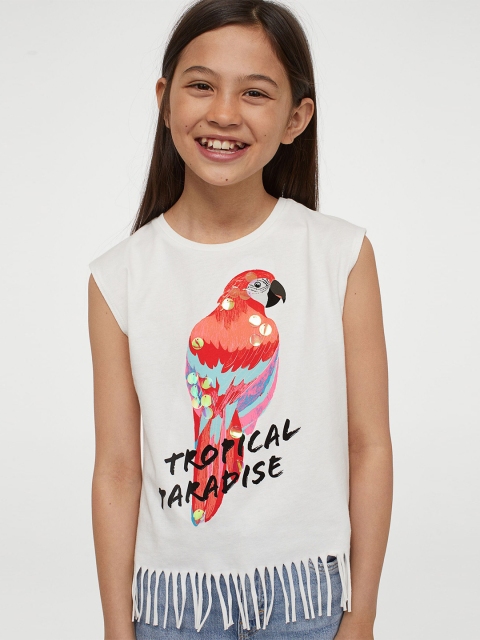 

H&M Girls White & Orange Graphic Printed Fringed Regular Top