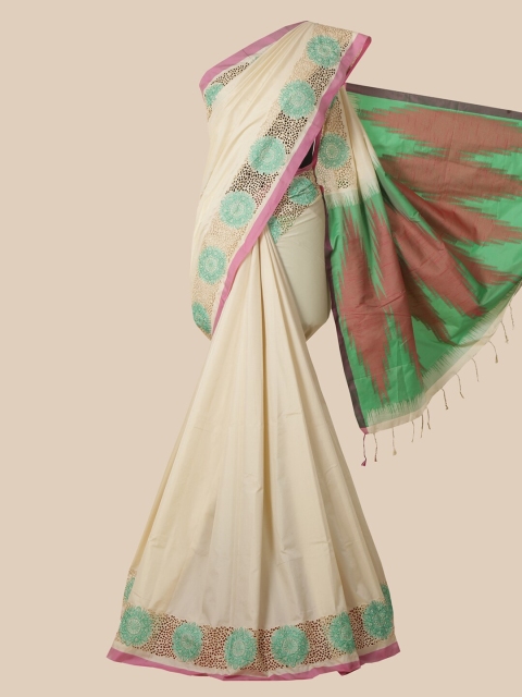 

Pothys Cream & Green Floral Jute Silk Saree