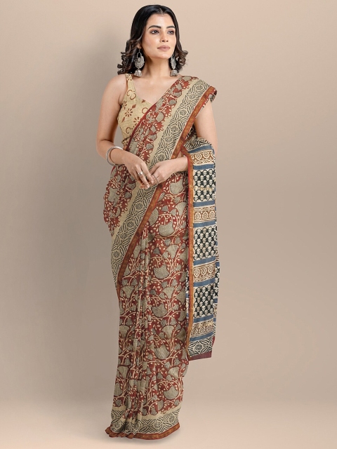

BharatSthali Brown & Beige Batik Zari Silk Cotton Chanderi Saree
