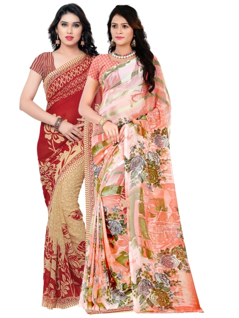 

KALINI Pack of 2 Floral Poly Georgette Saree, Peach