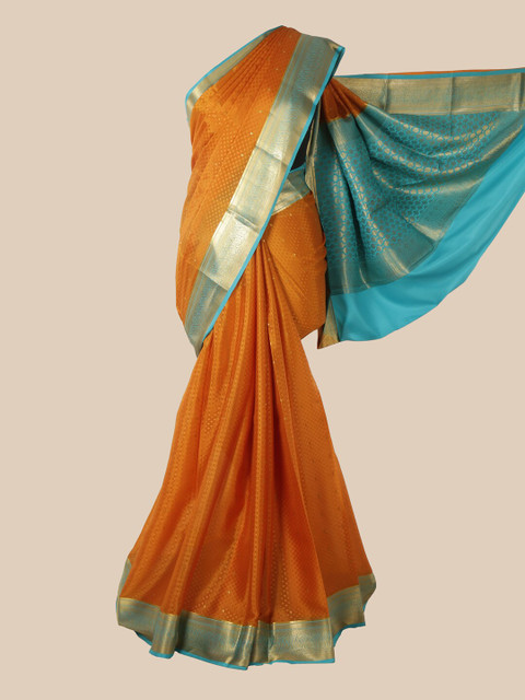 

Pothys Mustard Yellow & Turquoise Blue Woven Design Zari Pure Silk Mysore Silk Saree