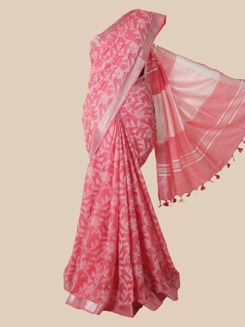

Pothys Pink & White Floral Jute Cotton Saree
