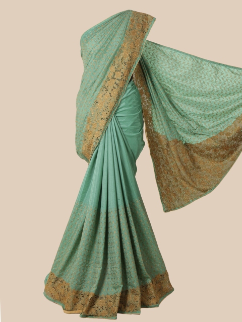 

Pothys Sea Green & Gold-Toned Floral Beads and Stones Jute Silk Saree