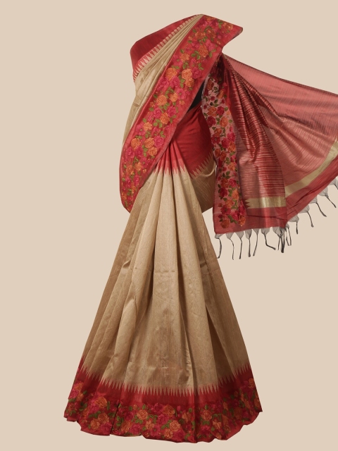 

Pothys Tan Brown & Red Floral Jute Silk Saree