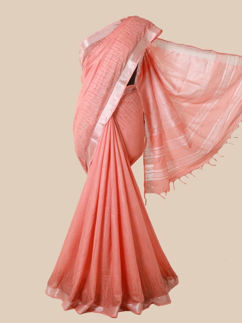 

Pothys Peach & Silver-Toned Embellished Linen Blend Saree