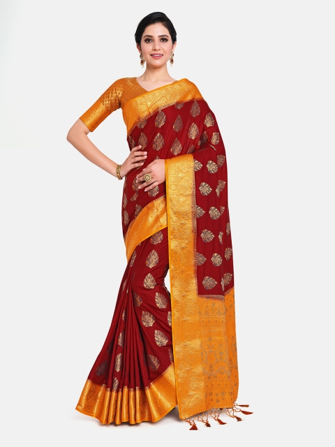 

MIMOSA Maroon & Yellow Woven Design Zari Art Silk Kanjeevaram Saree