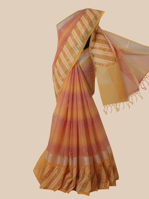 

Pothys Orange & Pink Striped Embroidered Jute Cotton Saree