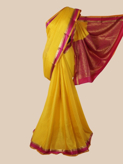 

Pothys Yellow & Pink Checked Zari Pure Silk Mysore Saree