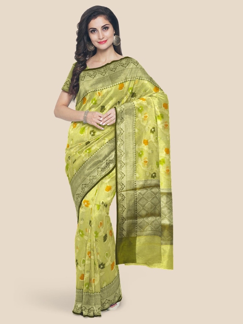 

Kalamandir Green & Orange Floral Silk Blend Banarasi Saree