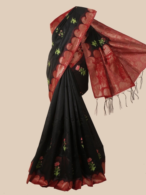 

Pothys Black & Red Floral Embroidered Jute Cotton Saree