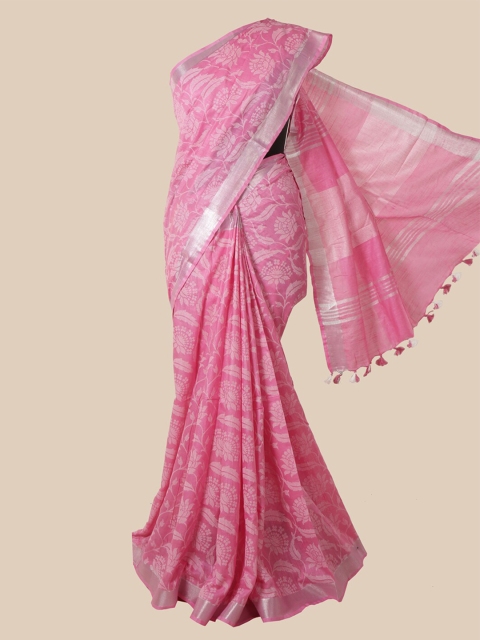 

Pothys Pink & White Floral Jute Cotton Saree