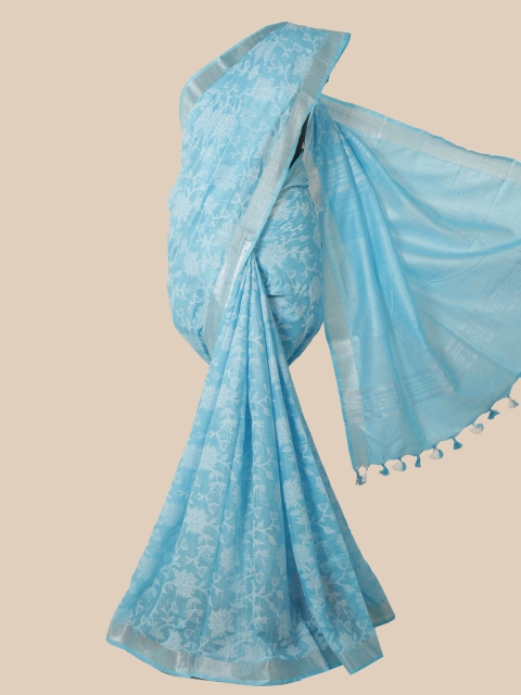 

Pothys Blue & White Floral Zari Jute Cotton Saree