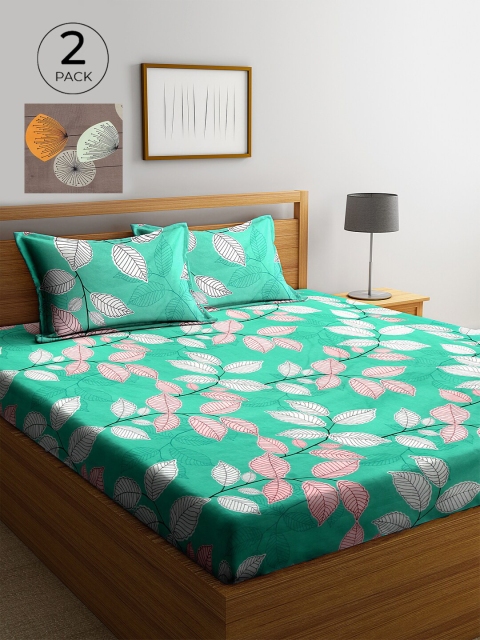 KLOTTHE Green & Brown Floral 210 TC 2 King Bedsheet with 4 Pillow Covers