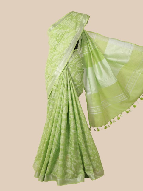 

Pothys Green & White Floral Jute Cotton Saree