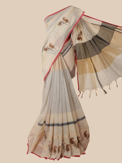 Pothys Cream & Grey Striped Embroidered Jute Cotton Saree