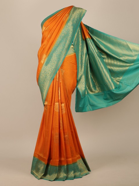 

Pothys Orange & Sea Green Ethnic Motifs Zari Jute Silk Saree